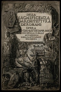 A marble tablet sculpted in relief with trophies and ornaments illustrating the magnificence of the ancient Romans. Etching by G.B. Piranesi, 1761.