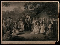 Tahitians kneeling before Captain James Wilson after the cession of the district of Matavai in Tahiti. Stipple engraving with etching by F. Bartolozzi after R. Smirke.