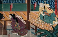 Actors in a confrontation on a verandah. Colour woodcut by Kunikazu, early 1860s.