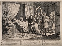 Mary Toft (Tofts) appearing to give birth to rabbits in the presence of several surgeons and man-midwives sent from London to examine her. Etching by W. Hogarth, 1726.