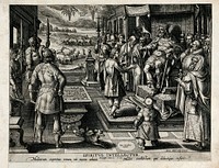 The power of understanding: Joseph's counsel to Pharaoh, to look out a man, discreet and wise, to organise the harvesting and storage of grain for the country and avoid famine. Engraving by Adrian Collaert after Jan van der Straet, 1567/1605.