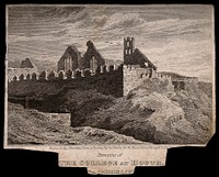 Howth College, Dublin, Ireland: ruins. Line engraving by J. Hawkins after G. Petrie.