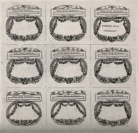 A sheet of designs for pharmacy labels. Etching.