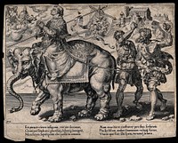 Saint Stephen riding on an elephant; representing the triumph of patience. Engraving by D.V. Coornhert after M. van Heemskerck.