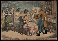 An operator treating Ann Ford, a society lady, with "Perkins's tractors", for her venomous tongue. Coloured etching by C. Williams, 1802.