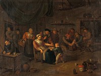 Interior of a surgery with a woman having blood let from the arm, a surgeon treating a man's injured foot, and other figures. Oil painting by Egbert van Heemskerck.
