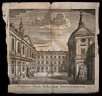 Royal College of Physicians, Warwick Lane, London: the courtyard, viewed from the south. Engraving.