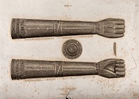 An Irish bronze reliquary in the form of a human arm, made to house an arm of Saint Lachtin. Etching by James Basire.