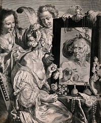 An old lady sitting at her dressing table mirror holding flowers, two younger women are putting feathers in her hair. Etching attributed to J. Falck after B. Strozzi.