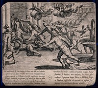 The seven sons of Lara take vengeance on Doña Lambra's servant for insulting Gonzalo Gomez: they kill the servant in front of Doña Lambra and smear her cloak in his blood. Etching by A. Tempesta after O. Vaenius.