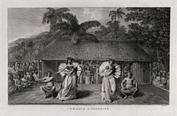 Young men and women in Tahiti, dancing. Engraving by J.K. Sherwin, 1784, after J. Webber.