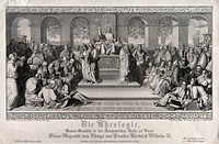 An allegory of theology with the catholic faction on the left, the protestant faction on the right. Engraving by J. von Keller after C.H. Hermann, E. Föerster and F.J.J. Götzenberger after C.H. Hermann.
