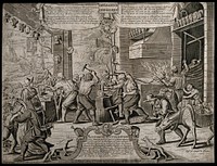 The heads of women are reforged in a workshop by the sea; representing a brutal cure for the 'madness' of women. Line engraving by F. Campion, 1663.