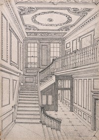 The entrance hall and staircase to 49 Great Ormond Street. Pencil drawing by J. P. Emslie, c.1882.