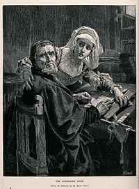 A Protestant man and woman interrupted while reading the forbidden Bible. Wood engraving by M. Klinkicht after K. Ooms.