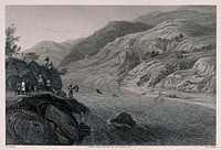 Use of a rope system (zip wire) to transport people and goods across the river Tons in the Himalayas. Engraving by H. Jorden after W. Purser after G.F. White.