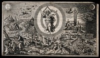 God appears in a circle surrounded by images from the stories of the Creation, Adam and Eve, and Noah. Line Engraving.