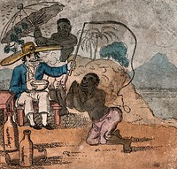 A white man (Johnny Newcome) sits on a beach in the West Indies: he is having a sunshade held over him while he whips a black man who is on his knees. Coloured etching by W. Elmes, 1812.