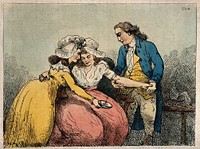 A surgeon bleeding the arm of a young woman: she is being comforted by another woman. Coloured etching by T. Rowlandson , 1784.