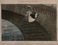 A destitute girl throws herself from a bridge, her life ruined by alcoholism. Coloured etching by G. Cruikshank, 1848, after himself.