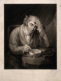 A sick man holding his head, leaning on a pile of books and mixing a dose of medicine for himself. Mezzotint by A. Huffam, 1826, after M.W. Sharp.