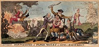 John Bull, with leeches on his chest, sits on a commode full of gold coin; he is attended by Lords Stanhope and Perceval dressed as doctors; Napoleon holds the commode. Coloured etching by G. Cruikshank, 1811.