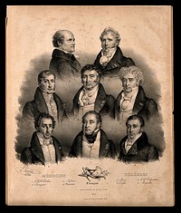 Eight famous French doctors. Lithograph by J.F.G. Llanta.
