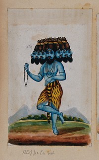 A rishi with seven heads standing on one foot, wearing a tiger skin and holding prayer beadsin his hand. Gouache painting by an Indian artist.