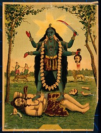Kālī standing triumphantly over Shiva. Chromolithograph.
