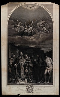 The Virgin and Child with a female martyr saint, Saint Nicholas of Bari, Saint Peter, Saint Antony of Padua, Saint Francis of Assisi and Saint Sebastian. Engraving by D. Cunego, 1773, after Titian.