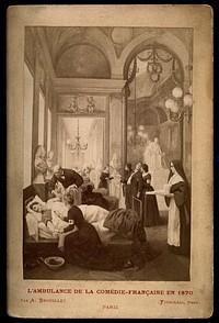 Comédie-Française, Paris: a corridor used as a hospital in the Franco-Prussian War showing nurses treating patients. Photograph by Fiorillo after A. Brouillet, 1870.