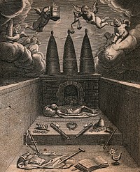 An architectural composition resembling an altar on which a skeleton lies, cherubs fly above. Engraving.