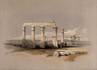 Ruins of the temple of Madînat Habû at Thebes, Egypt. Coloured lithograph by Louis Haghe after David Roberts, 1849.