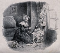 A child has upset a toy basket and she is refusing to eat the food being offered to her. Lithograph.