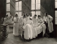 An injection against croup at the Hôpital Trousseau, Paris. Photogravure by Bruun Clement, 1899, after P.A.A. Brouillet, 1893.