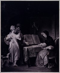 A fortune-teller reading the fortune of a young couple. Lithograph by L. Noël, 1830, after M. Gérard.
