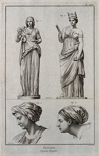 A standing female figure representing health; a standing female figure of Ceres; two female heads in profile. Engraving by B.L. Prevost after E. Bouchardon and N. Poussin.