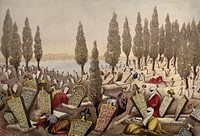 Istanbul: people standing by tombs in a Turkish burial ground; the city in the background. Watercolour by M. O'Reilly, 1854.