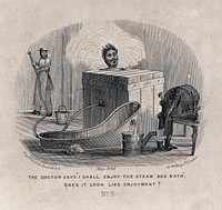 A man visiting a health resort is sitting in a steam box. Engraving, May 1869.