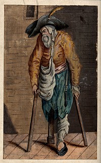 A one-legged beggar with two crutches. Gouache possibly after J. Callot.