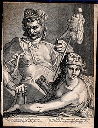 Hercules and Omphale. Engraving by B.W. Dolendo after B. Spranger.