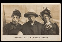 Three men in drag pulling silly expressions. Photographic postcard, 1906.
