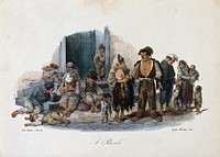 Beggars outside a building; many scratch their heads and bodies having been bitten by fleas. Coloured lithograph after G. Dura.
