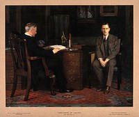 A physician telling a patient that he is going to die: the patient stares out at the viewer. Colour photogravure after the Hon. J. Collier, 1908.