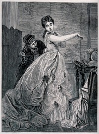 A girl is wearing a very elaborate gown which is being altered at the waist by a woman with a needle and thread. Wood engraving by TB.