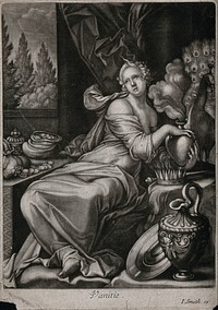 A woman with bare shoulders is holding a steaming object (a burning heart) towards the peacock behind her, she is surrounded by a crown and sceptre, coins and various other items of luxury; representing Vanity. Mezzotint by J. Smith.