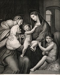 Saint Mary (the Blessed Virgin) with the Christ Child, Saint John the Baptist, Saint Elizabeth and Saint Catherine . Stipple engraving by M. Dissard after Raphael.