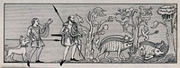 Two men carrying spears and a hunting horn in their pursuit of boar. Etching.
