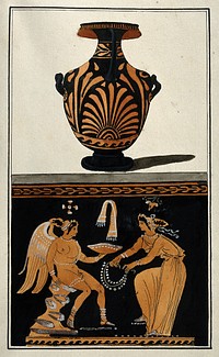 Above, a Greek red-figured water-jar (hydria); below, detail of the decoration showing a woman offering jewellery to a winged seated figure. Watercolour by A. Dahlsteen, 176- .