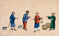 Two Chinese prisoners receiving food: an official is shown supervising the weighing and distribution of food to the two prisoners, who are shown carring one small bowl each. Gouache painting on rice-paper, 1780/1880.